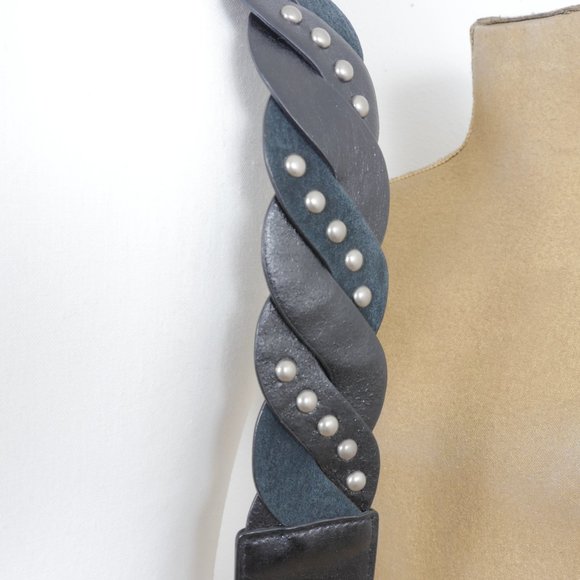 Black Leather Suede Silver Stud Metal Circle Buckle Y2K Rocker 80's Vintage Belt - Picture 7 of 9